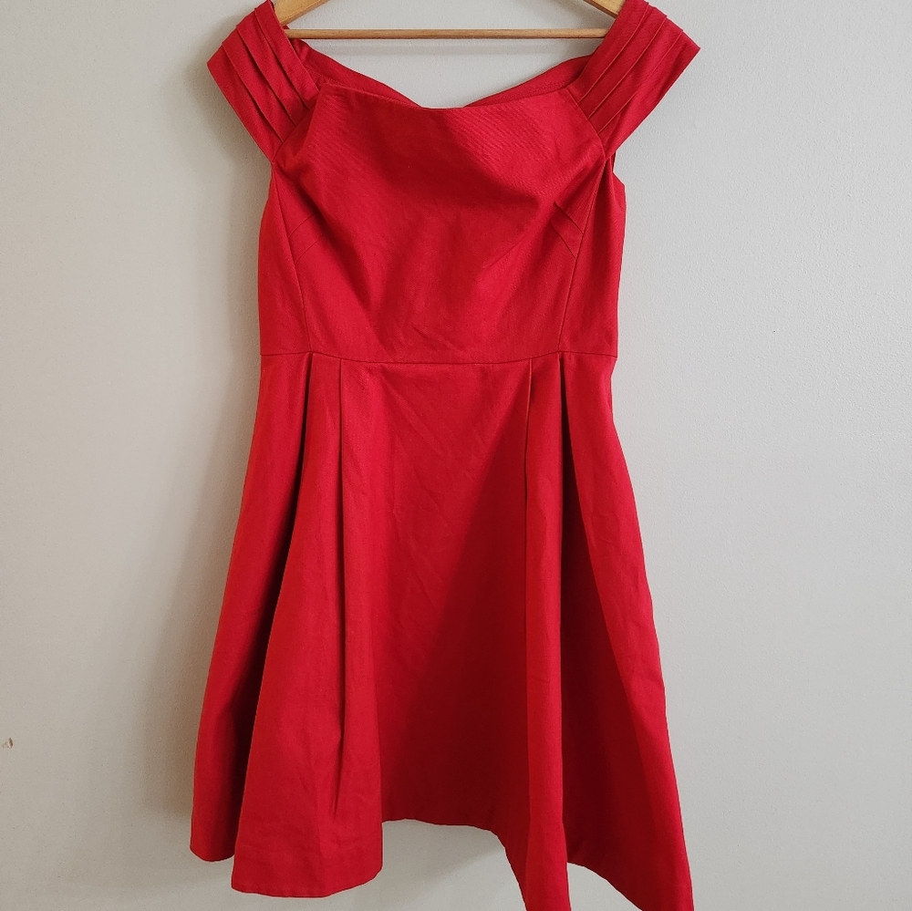 ModCloth Emily and Fin Romantic Kettle Corn Retro Off Shoulder Red Dress, Size L